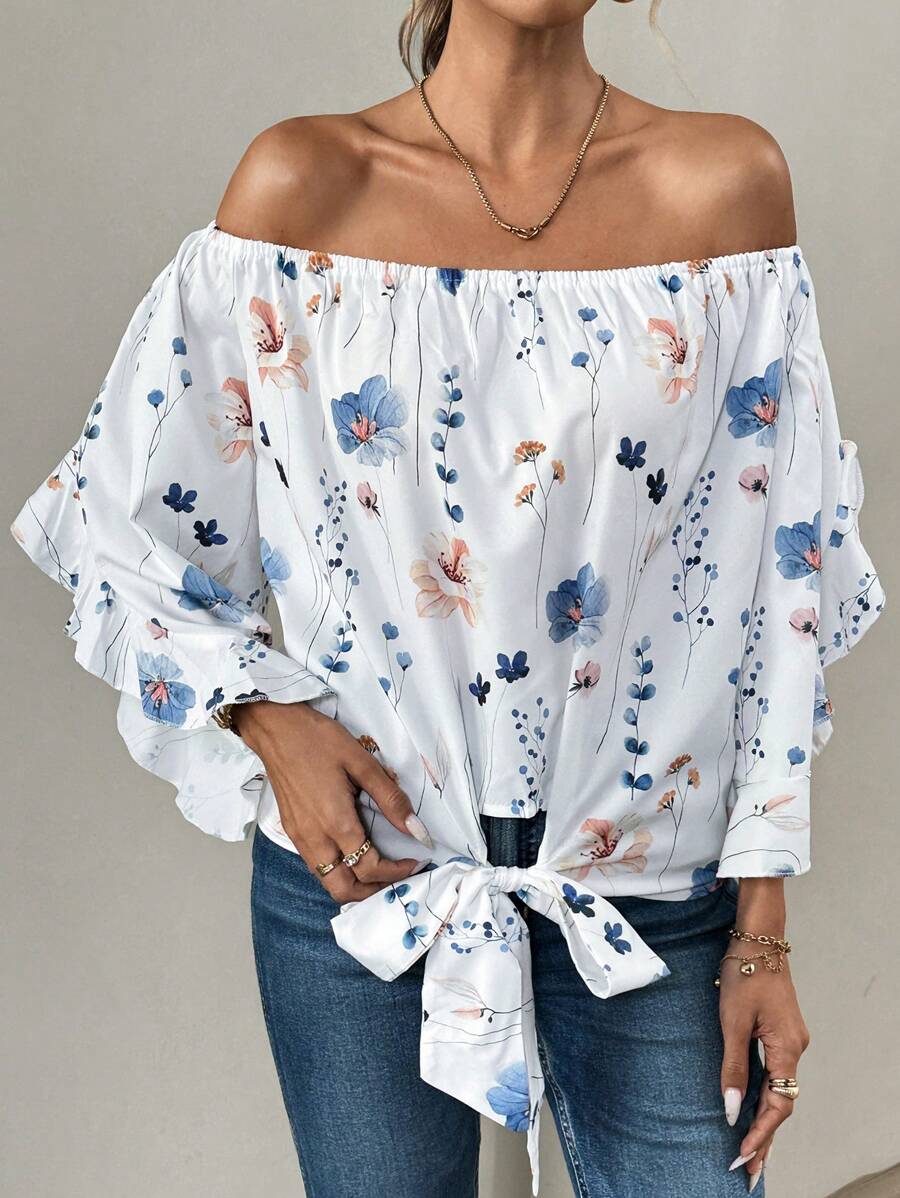 SHEIN LUNE Women's Resort Floral Print Long Sleeve Off Shoulder Shirt