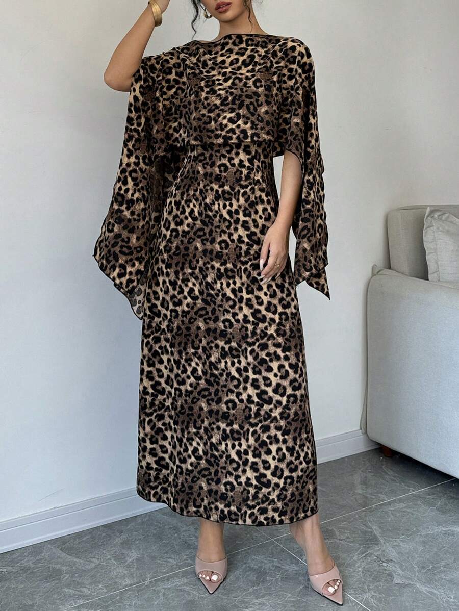 Calvaya Women Leopard Print Hooded Cape Dress Maxi Women Outfit