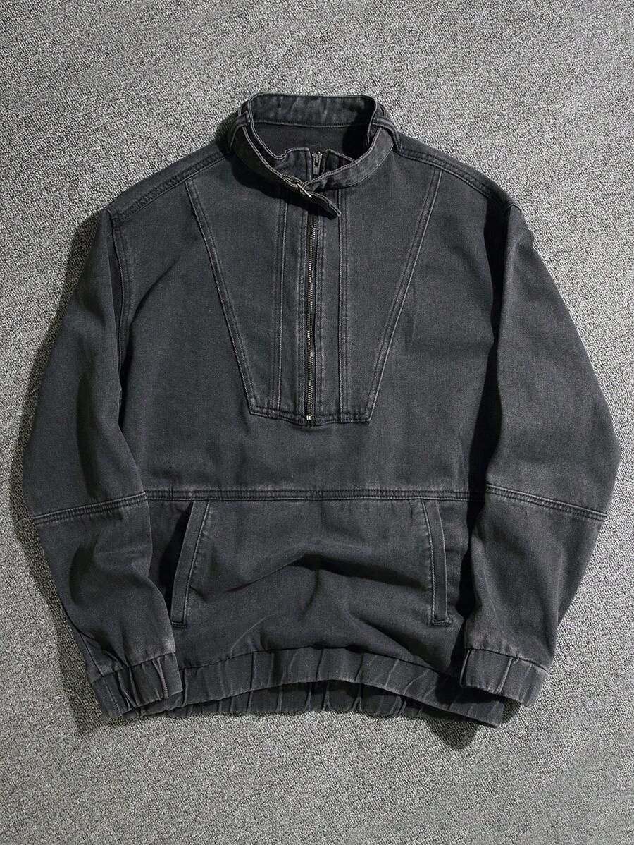 Manfinity Streetrush Chaqueta vaquera casual de manga larga con media cartera con cremallera de unicolor para hombres primavera y otoño
