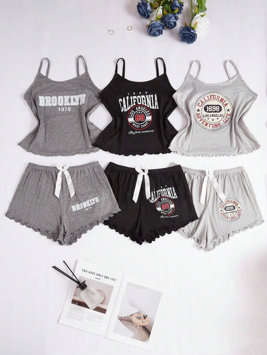 3pcs Women Fashion Slogan Print Camisole & Bow Tie Waist Shorts Set Bow Tie