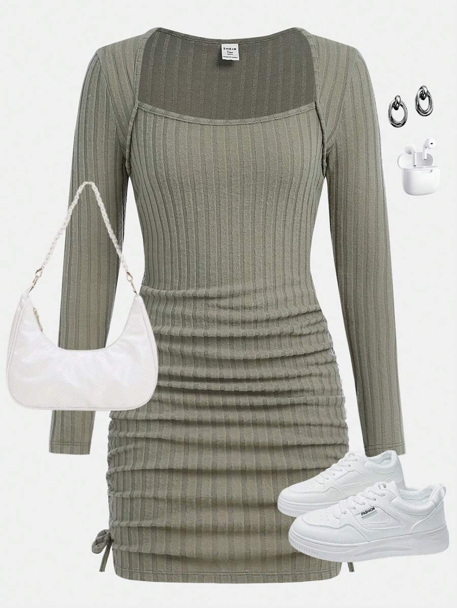 SHEIN Girlism Vestido casual de manga larga con cintura fruncida de punto acanalado verde del ejército para niñas adolescentes, principios de otoño