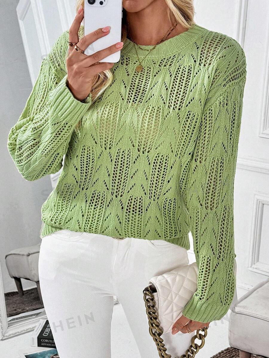 SHEIN LUNE Suéter holgado de mujer de manga larga, verde, con perforaciones