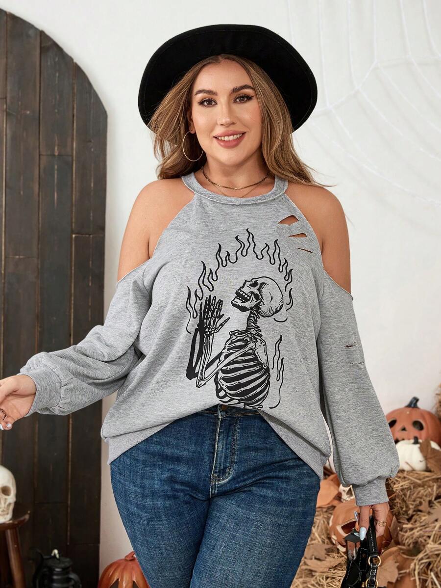 SHEIN LUNE Winter Clothes Plus Size Round Neck Cold-Shoulder Long Sleeve Halloween Skeleton Print Sweatshirt