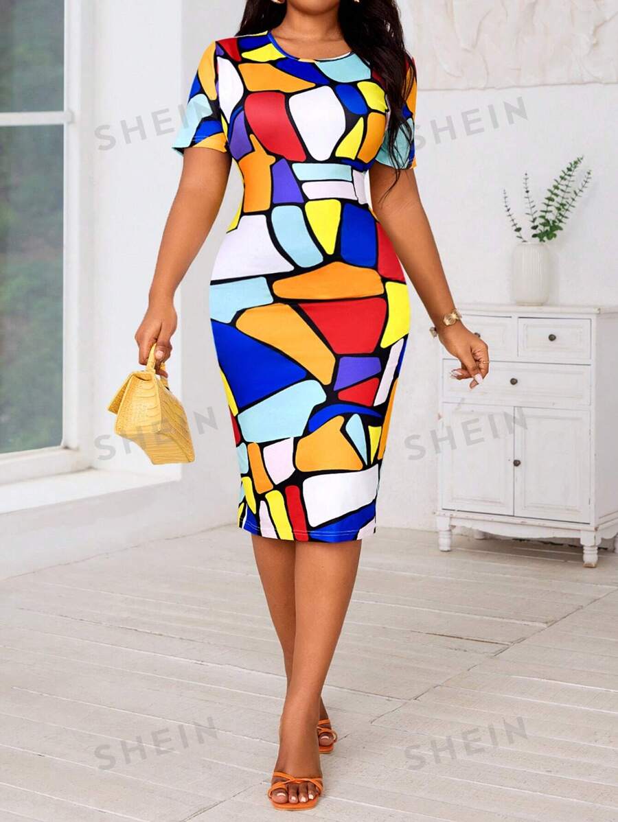 SHEIN Lady Vestidos de talla grande de manga corta, cuello redondo, lápiz y midi de punto de colores, casuales de primavera y verano