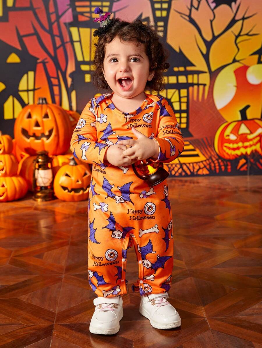 Newborn Baby Girl Halloween Graphic Print Jumpsuit, Casual Daily Wear, For Halloween Party