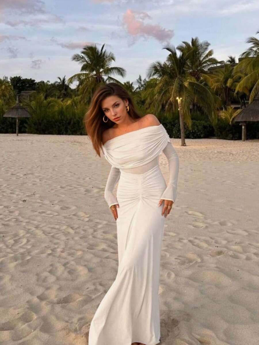 SHEIN BAE Damska sukienka z długim rękawem i odkrytymi ramionami na wakacje na plaży, randki, imprezy przy basenie, eleganckie okazje