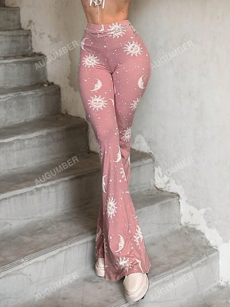 Ladies' Flared Pants With Sun And Moon Print