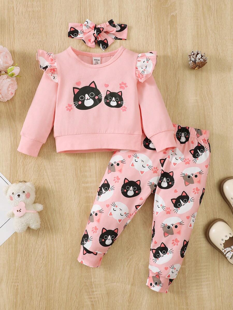 Baby Girl Outfit Round Neck Long Sleeve Ruffle Blouse And Straight Casual Pants
