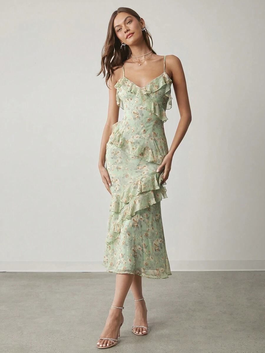 Enchnt Women Floral Print Ruffle Trim Spaghetti Strap Dress,Sweet&Elegant Outfit For Valentine's Day&Christmas Party&New Years&Birthday&Holiday &Sweet Date Night,Sage Green Dress