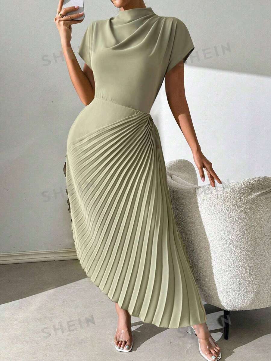Calvaya Vestido elegante maxi con cuello alto, plisado asimétrico en el bajo para mujer