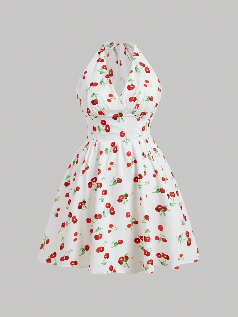 SHEIN MOD Plus Size Cherry Print Spaghetti Strap Backless Sleeveless Dress