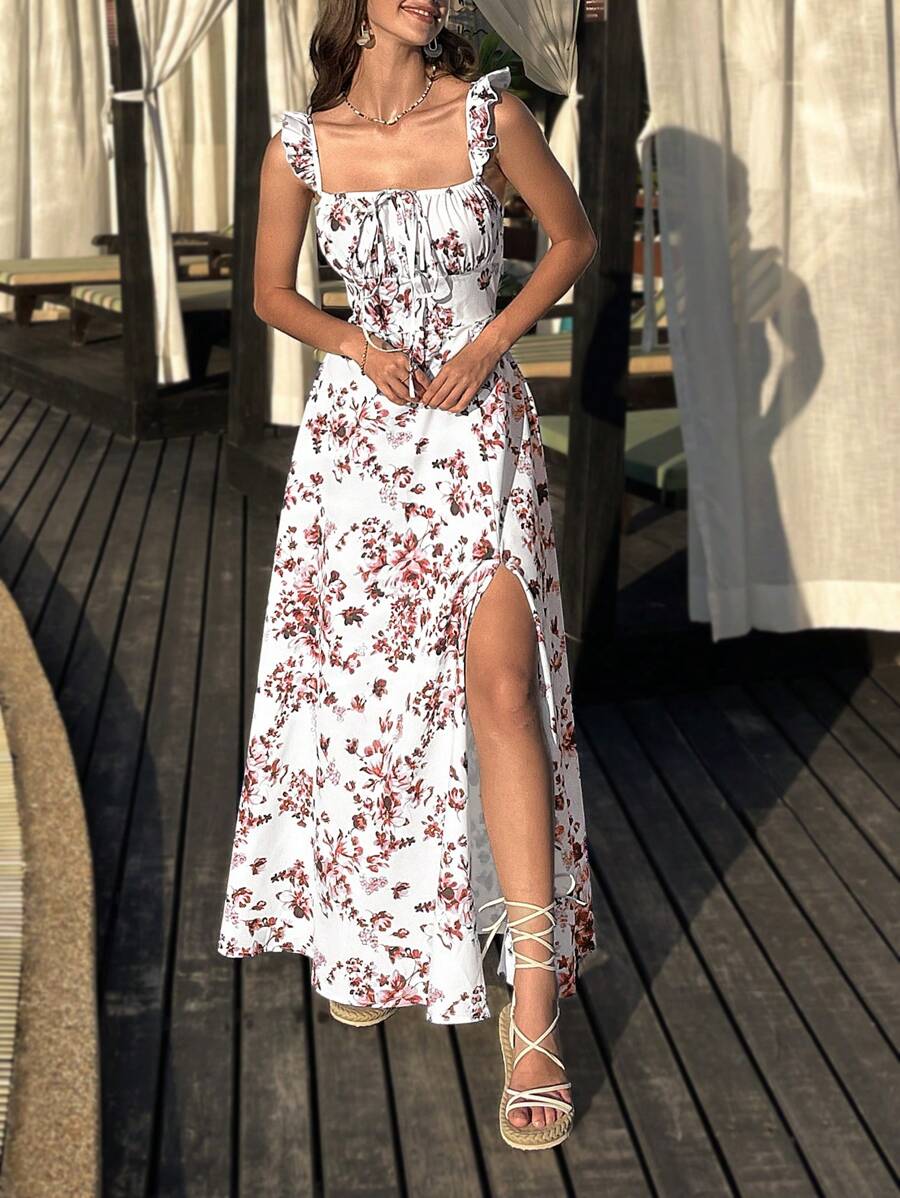 SHEIN VCAY Floral Print High Split Dress For Summer Vacation