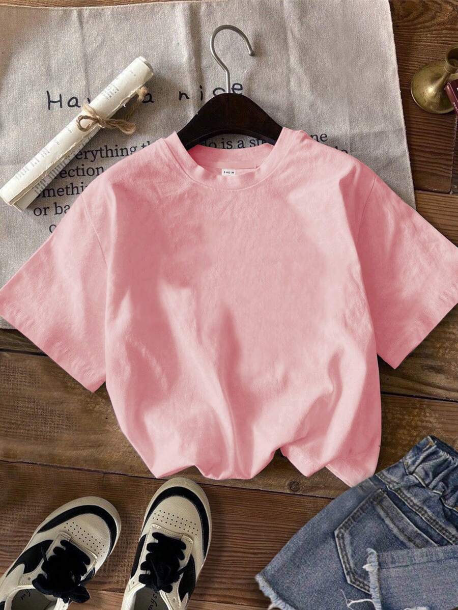 SHEIN Camiseta de manga corta, cuello redondo, informal y sencilla para niña preadolescente, adecuada para primavera y verano