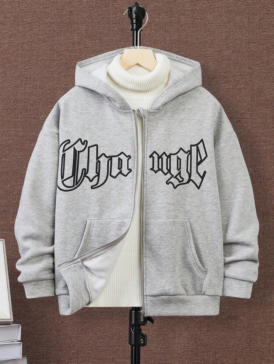 SHEIN Tween Boys Loose Casual Comfortable Letter Printed Hooded Sweatshirt Sweatshirt