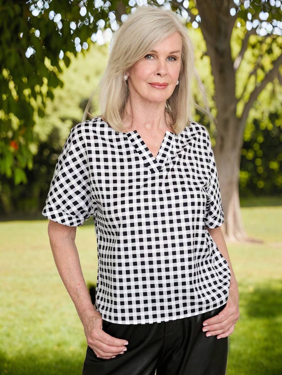 Miaspire Women's Summer Plaid V-Neck Short Sleeve Casual Shirt