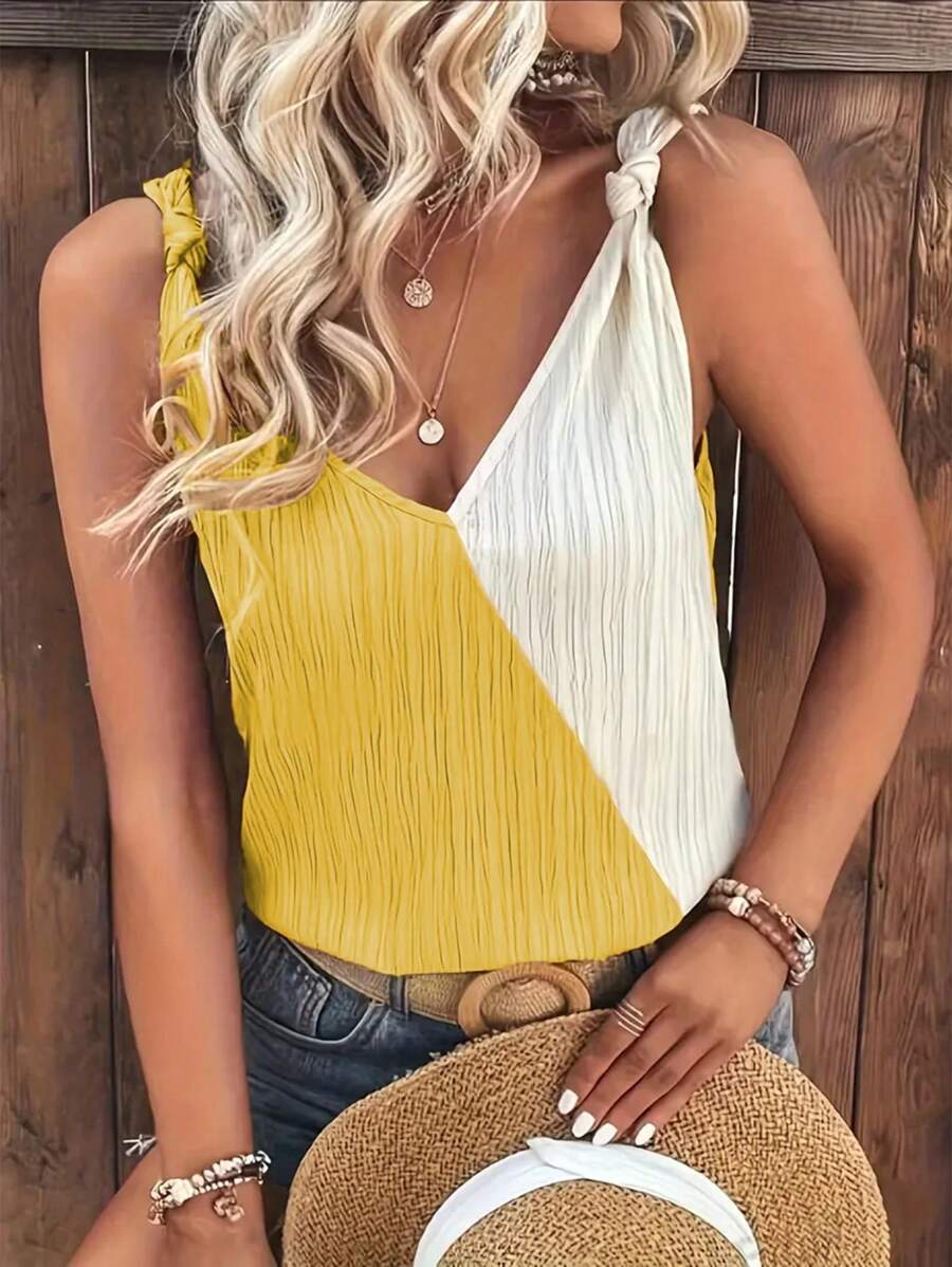 INAWLY Women's Summer Contrast Color Twisted Shoulder V-Neck Casual Tank Top Graphic Tees Women Tops