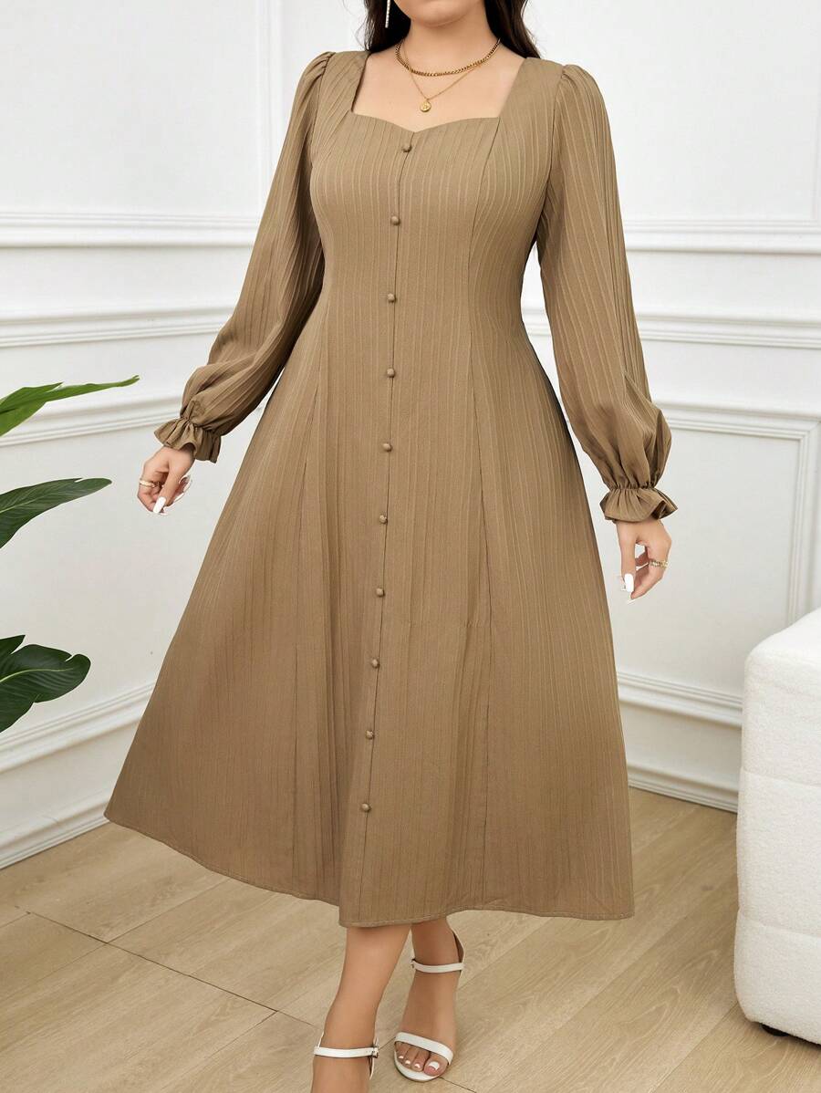 Mulvari Plus Size Ladies Spring Summer Solid Color Sweetheart Neck Long Sleeves Long Elegant Dress