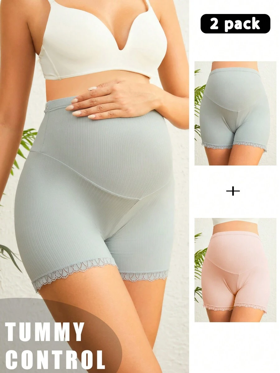 Maternity Solid Color Lace Trim High Waist Tummy Control Underwear Briefs