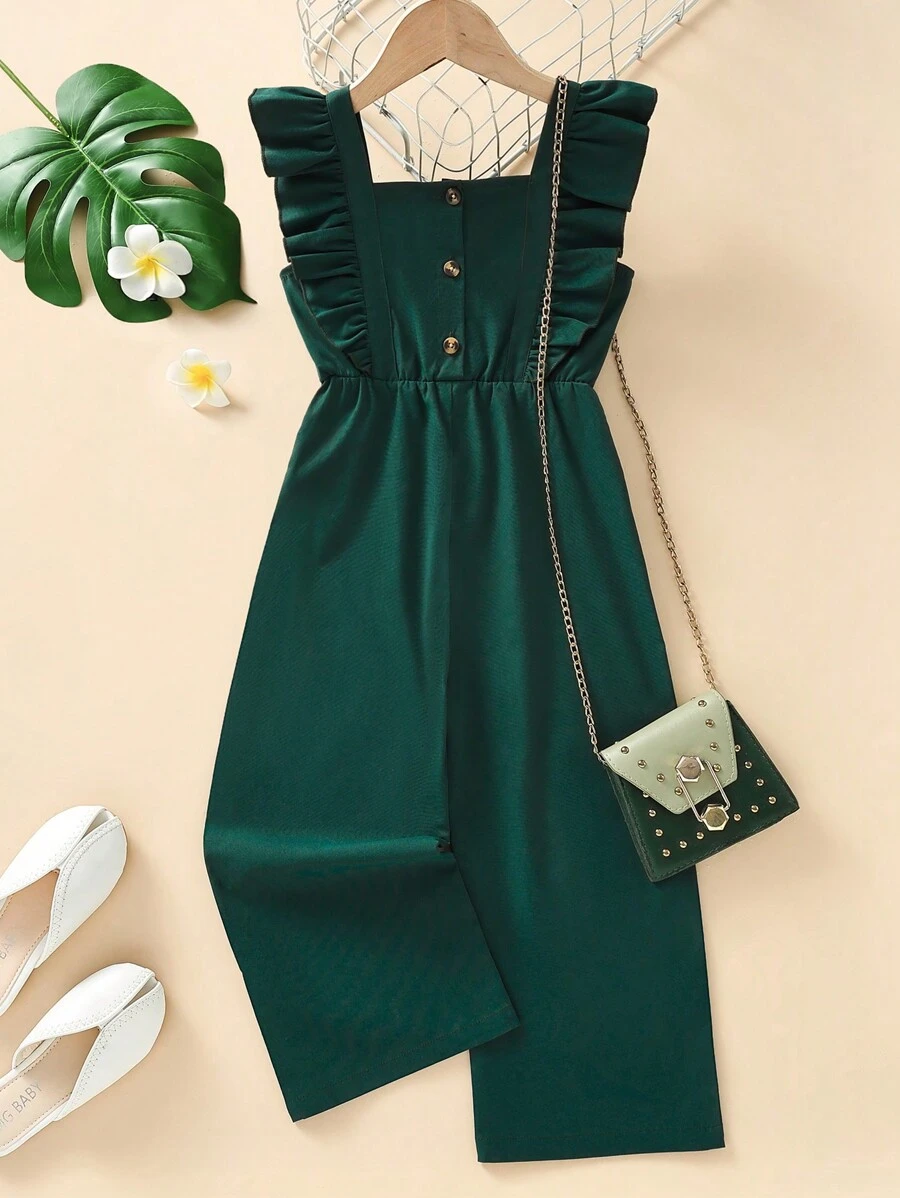 SHEIN Young Girl Ruffle Trim Wide Leg Jumpsuit