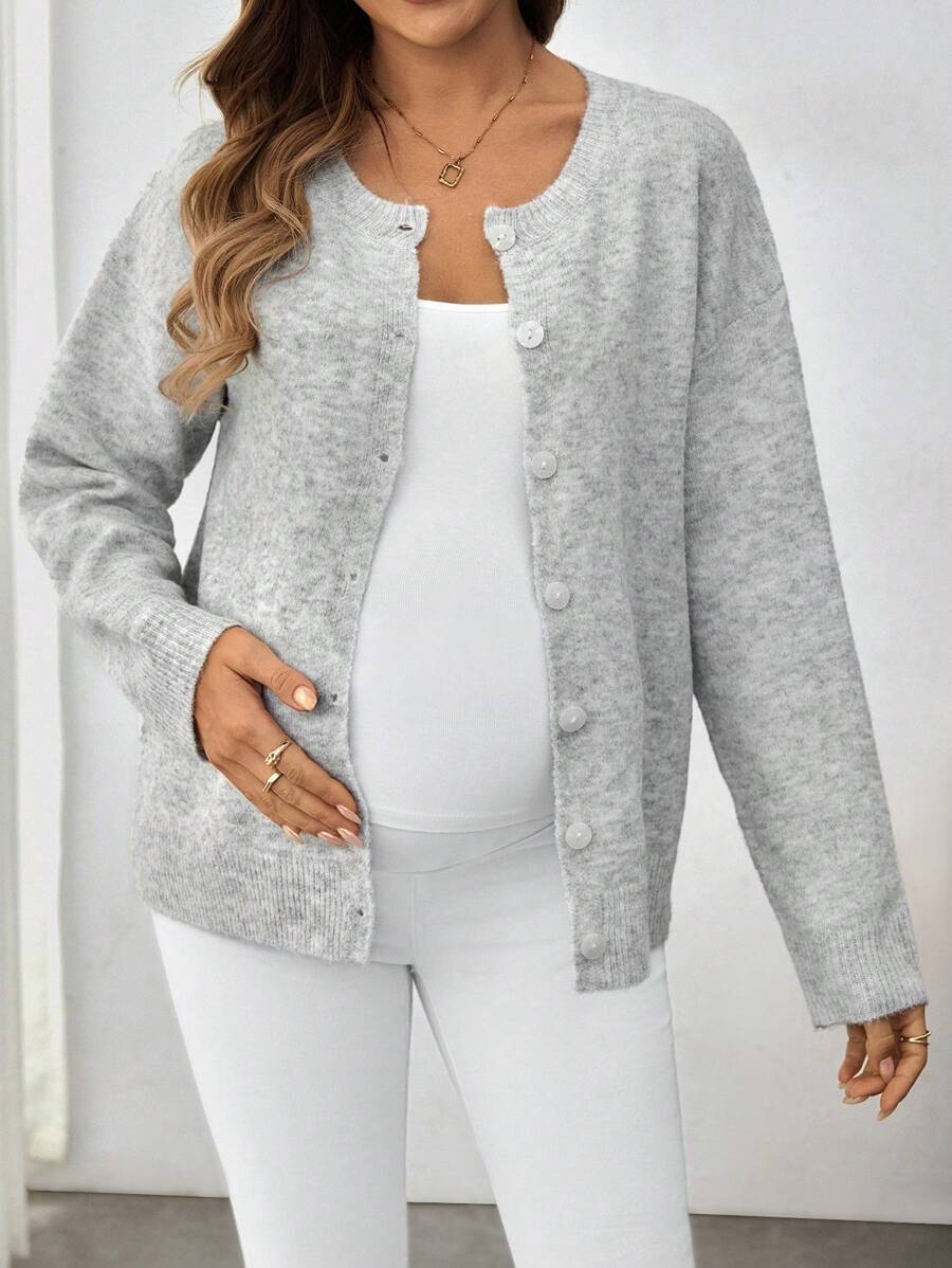 SHEIN Minimalist Casual Solid Color Cardigan Long Sleeve Sweater, For Pregnant Women, For Maternity, For Winter