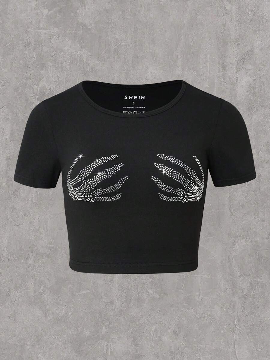 Noixe Skeleton Hand Rhinestone Detail Crop Tee