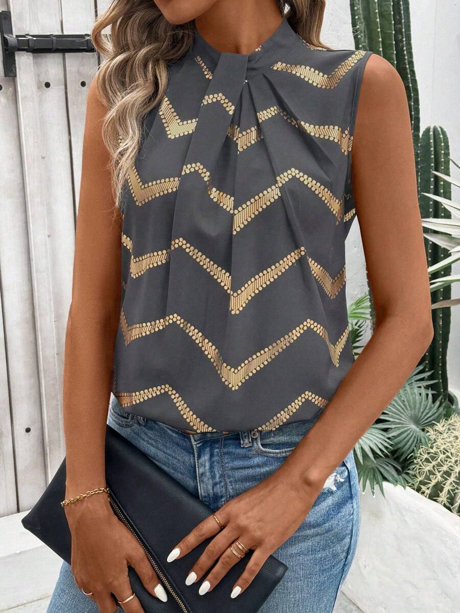 SHEIN LUNE Women's Summer Foil Wave Striped Pleated Collar Sleeveless Blouse