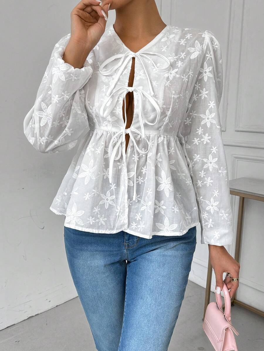 SHEIN LUNE Women's Commute Simple Floral Jacquard Front Tie Long Sleeve Elegant Blouse, Spring/Summer