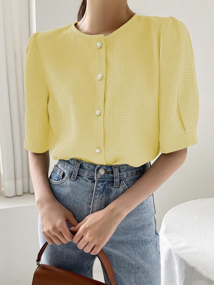 DAZY Women's Round Neck Button Up Half Sleeve Fashion Loose Comfy Soft Yellow Blouse