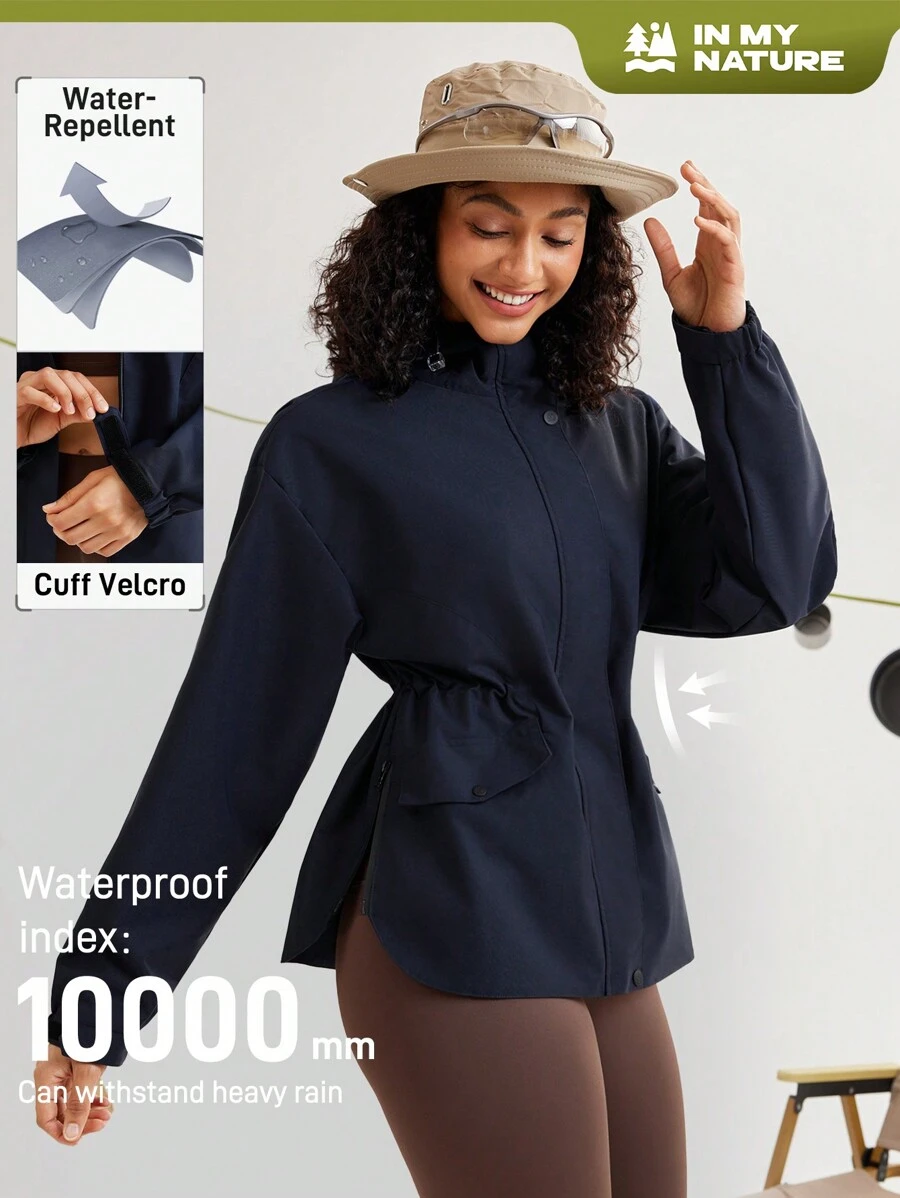 In My Nature In My Nature Women Solid Color Drawstring Hooded Waist Outdoor Jacket