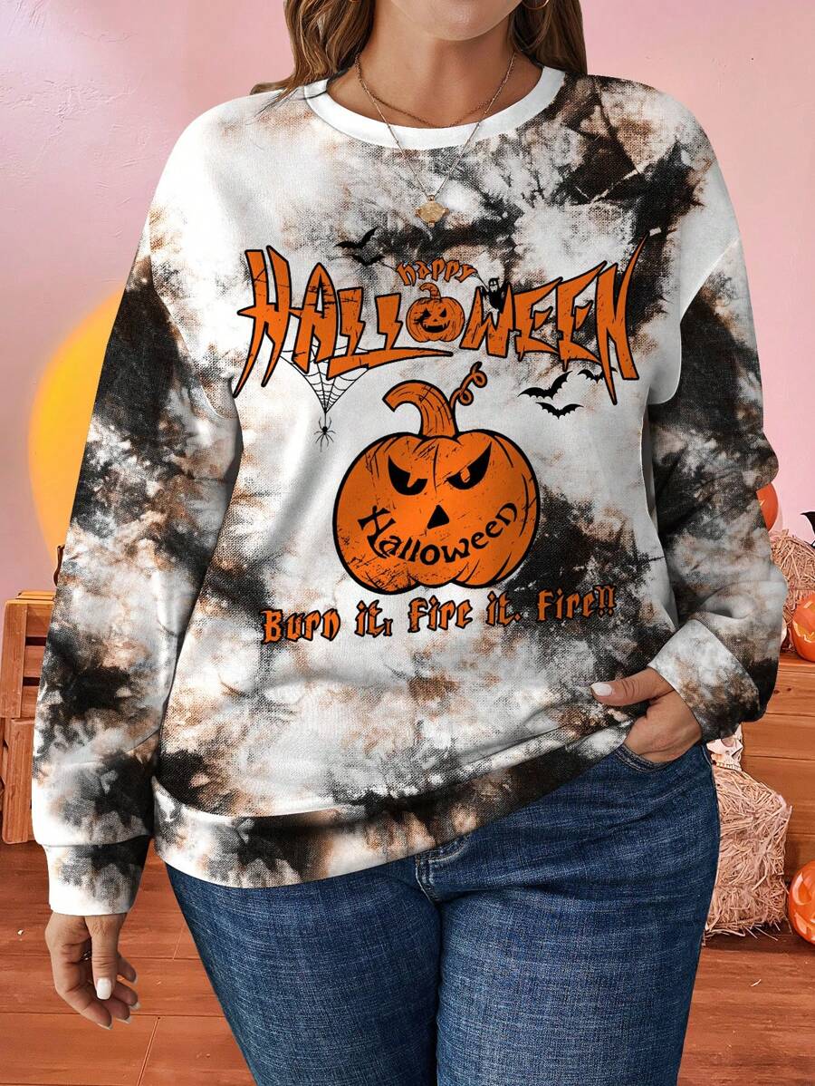 SHEIN LUNE Plus Size Women's Casual Letter Print Loose Fit Long Sleeve Crewneck Sweatshirt For Fall & Winter, Halloween
