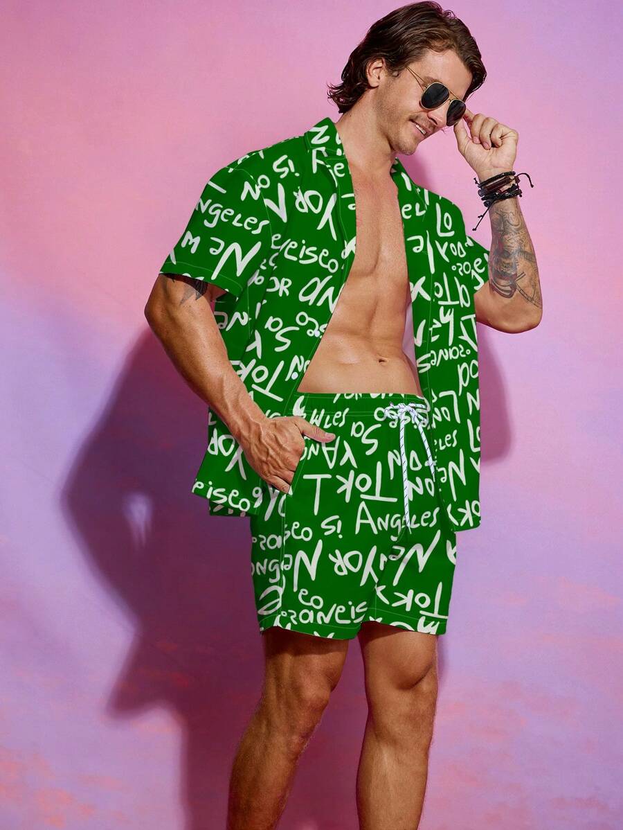 Manfinity Men's Floral Print Front Open Shirt And Drawstring Pocket Casual Shorts 2 Pieces Beach Outfit
