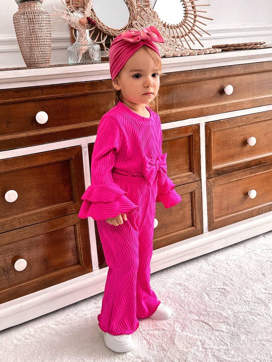 SHEIN 2 peças Conjunto de Roupa Esportiva e Casual Texturizado com Cor de Rosa Choque para Bebê Menina, Outono/Inverno