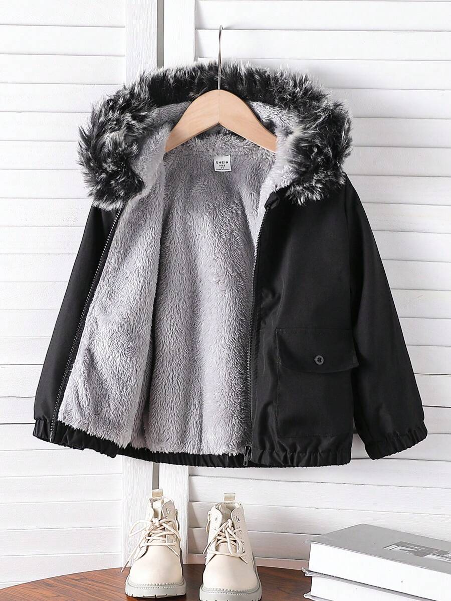 SHEIN Blusão de lã com capuz quente para menino, adequado para outono, primavera e inverno, jaqueta confortável e versátil para meninos de 4 a 7 anos, adequado para atividades ao ar livre e na escola