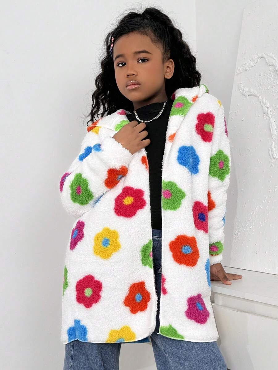 SHEIN Floral Print Reversible Fleece Hooded Jacket For Tween Girls