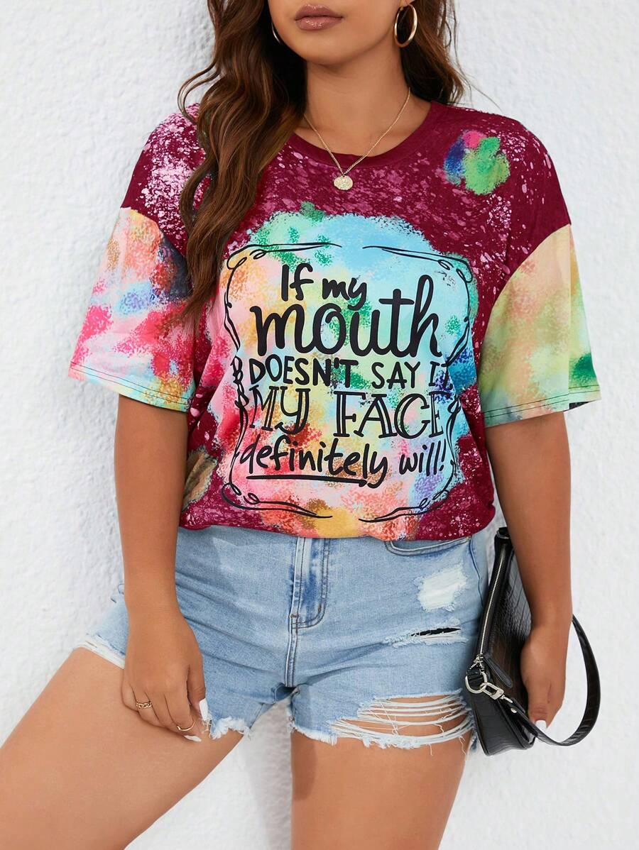 SHEIN LUNE T-shirt décontracté à imprimé de slogan tie-dye, grande taille, été