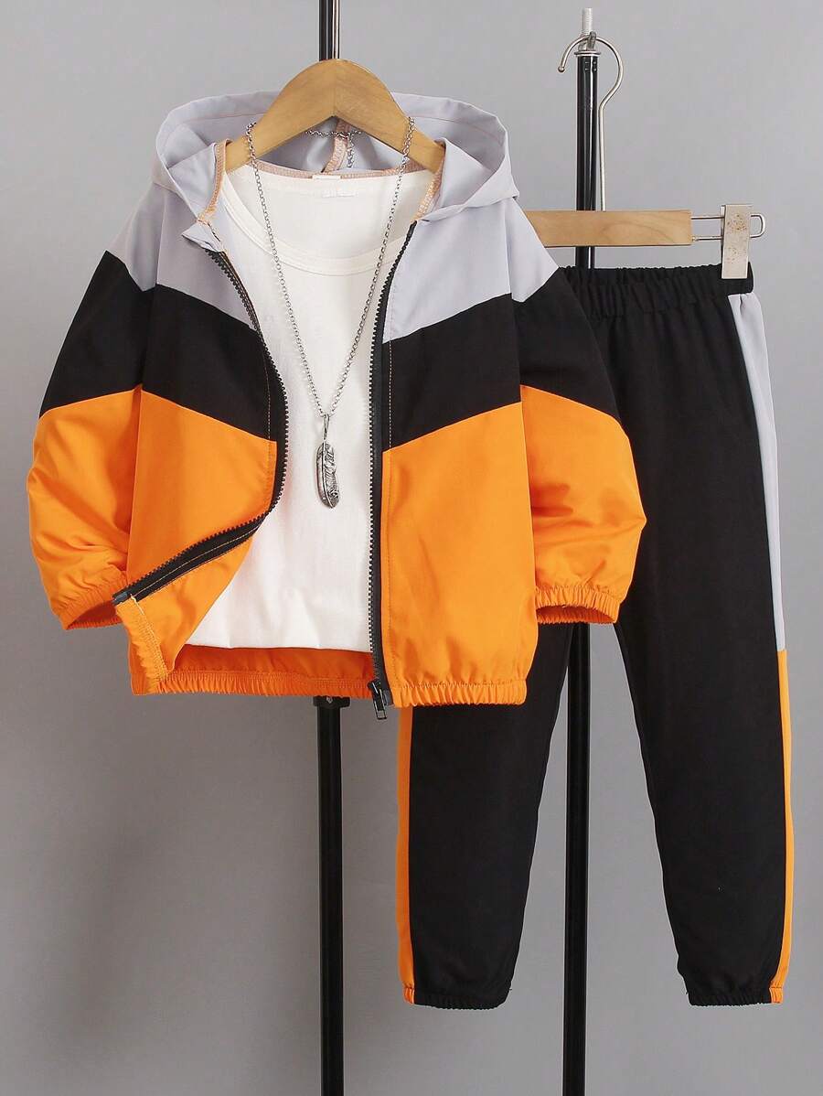 2 piezas/Set Ropa deportiva informal de niño joven con sudadera con capucha y pantalón de chándal de bloques de color, otoño