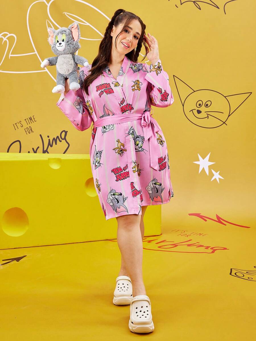 TOM & JERRY X SHEIN Plus Size Striped And Cartoon Graphic Pink Drop Shoulder Belted Robe