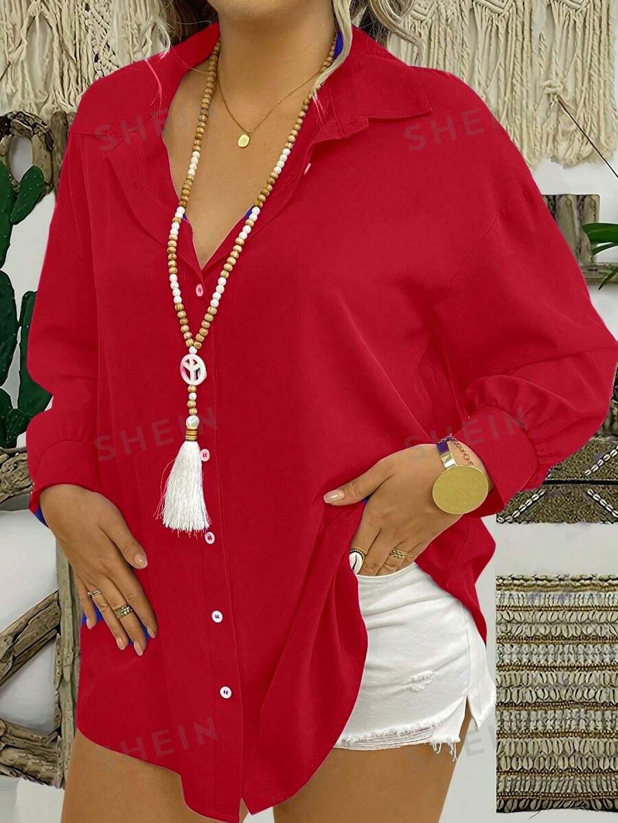 Camisa de manga larga de unicolor informal de talla grande para ropa de Año Nuevo, blusas de talla grande sencillas, blusa roja para mujer, blusas de mujer de manga larga, blusa roja para mujeres