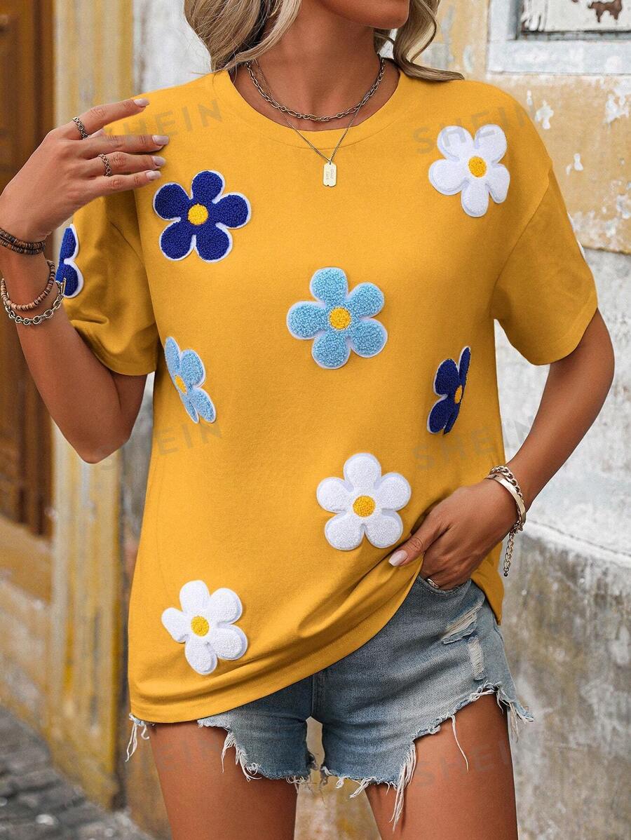 SHEIN LUNE Camiseta de manga corta de cuello redondo holgada con estampado de flores, para verano