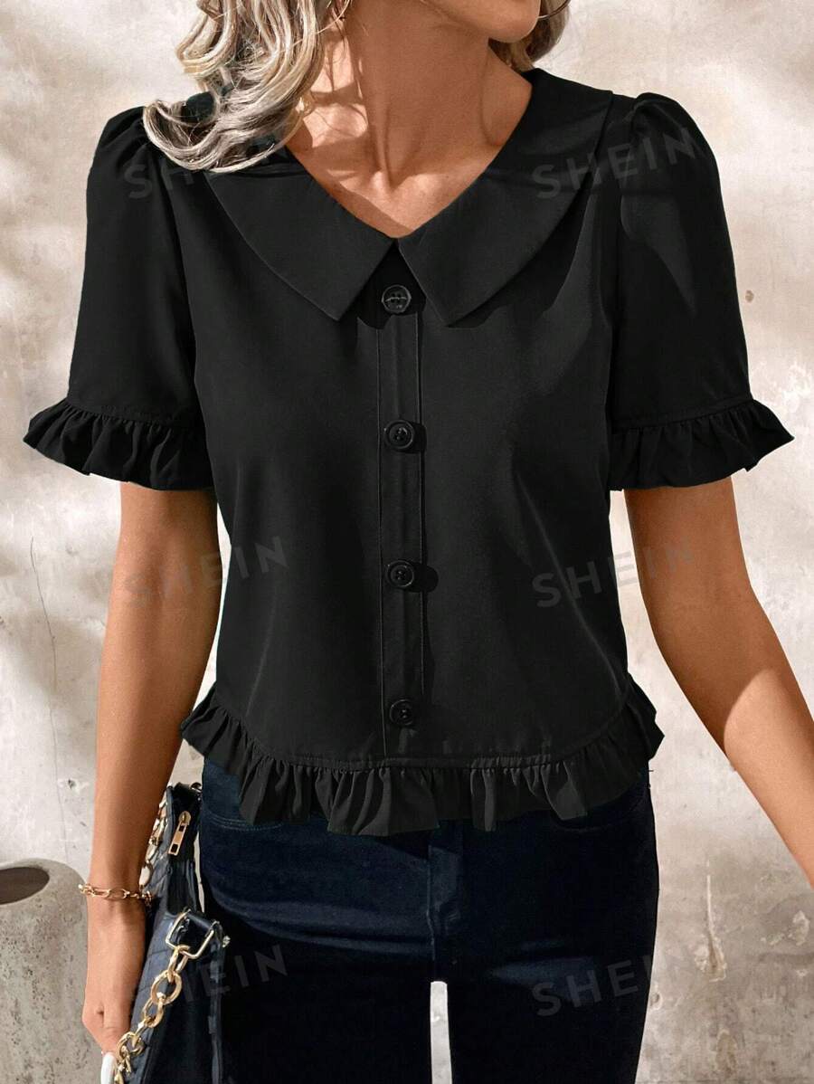SHEIN Clasi Blusa negra elegante con cuello en V y dobladillo con volantes para mujer