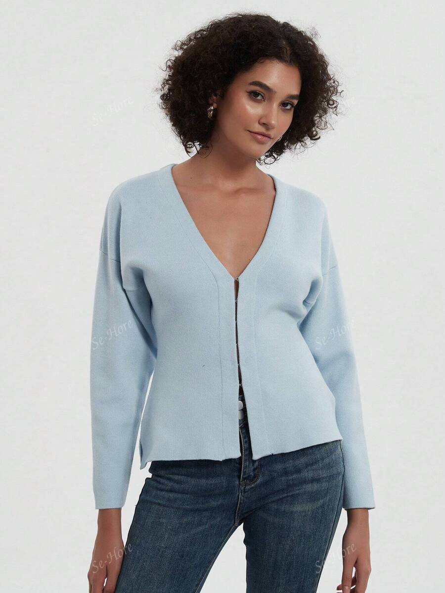 Women's Solid Color Simple Loose Knitted Sweater Jacket,Three Quarter Sleeve Tops