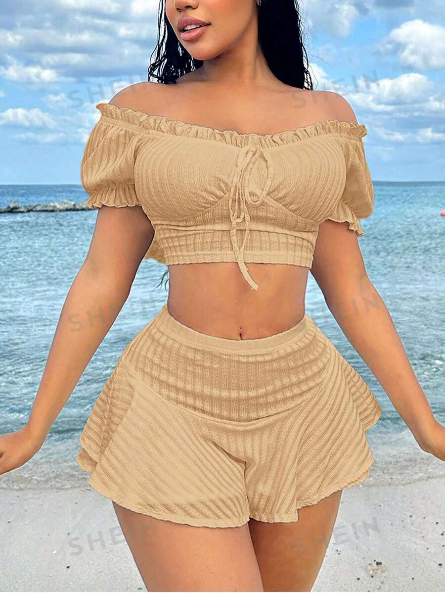 SHEIN SXY Conjunto de 2 piezas de vestimenta de vacaciones de princesa con mangas abullonadas y volantes, blanco, para vacaciones de verano para mujeres