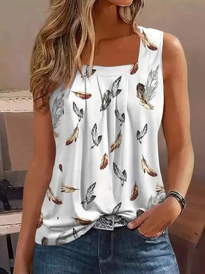 Breezaya Ladies Feather Printed Square Neck Sleeveless Simple Daily Tank Top Graphic Tees Women Tops