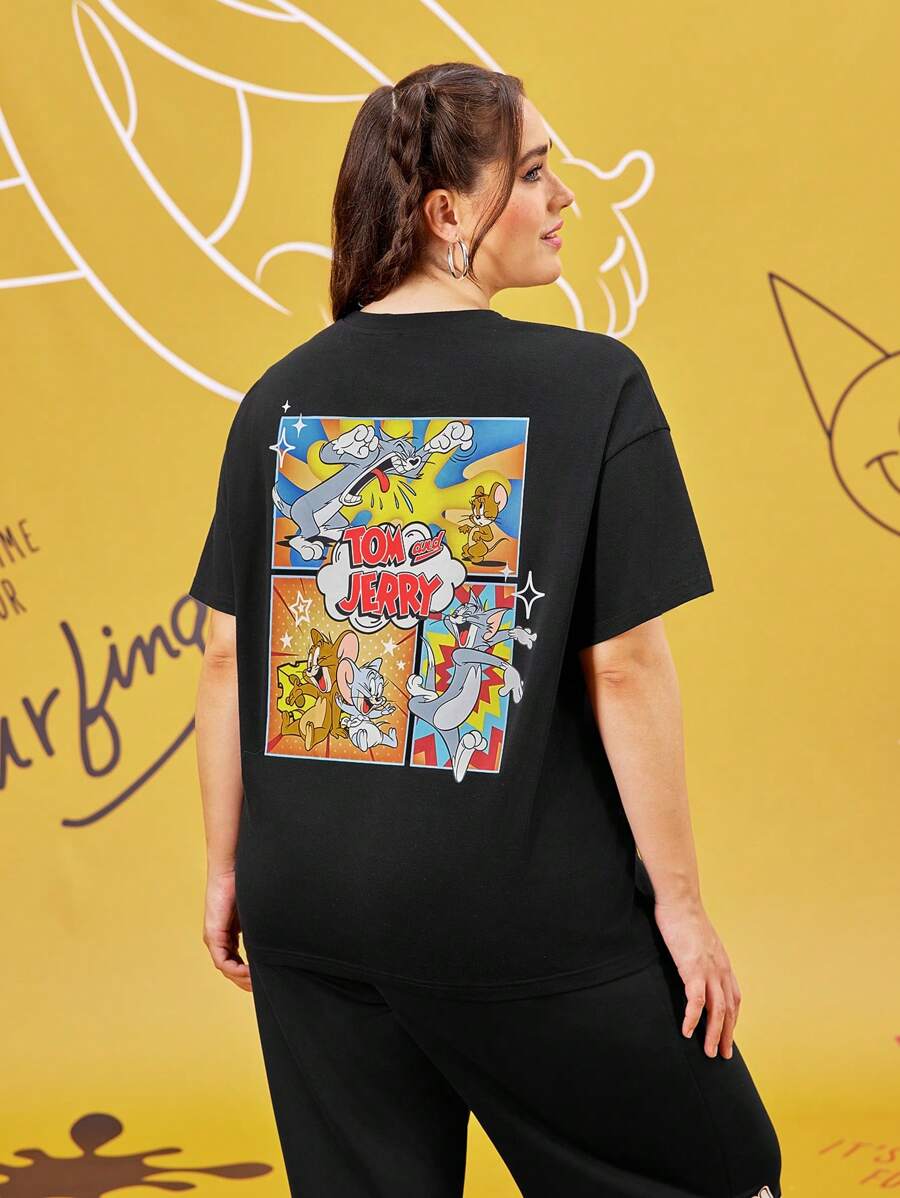 TOM & JERRY X SHEIN Camiseta de manga corta, estampado vintage de dibujos animados, talla grande, color negro