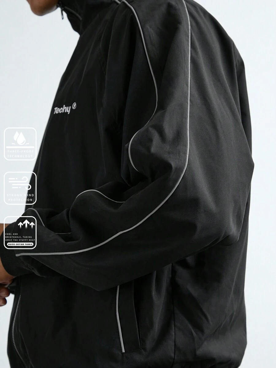 Manfinity VCAY Men's Casual Solid Color Embroidered Zip-Up Long Sleeve Jacket
