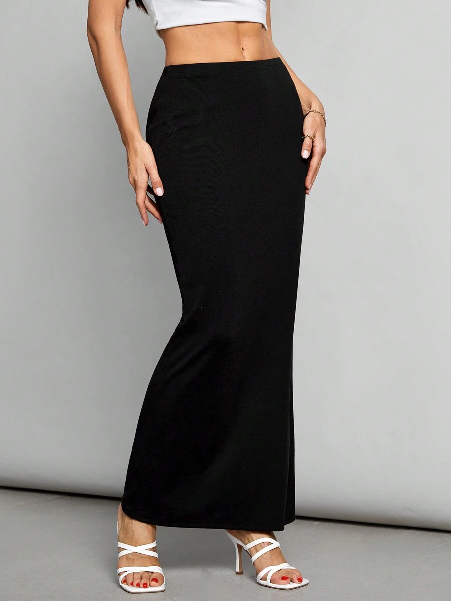 SHEIN Tall Women's Solid Color Casual Knitted High Waist Skirt