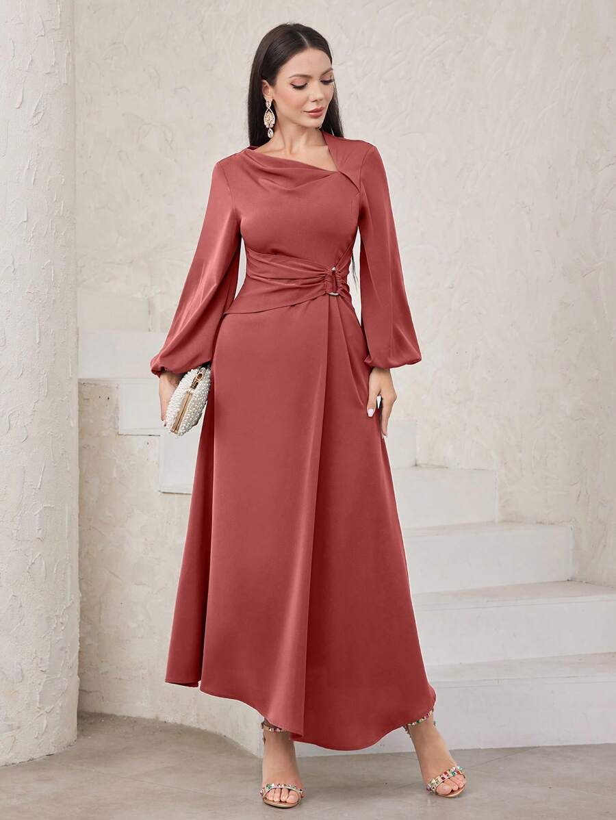 Modelyn Robe femme avec manches lanternes et col asymétrique, robe de soirée élégante pour événements