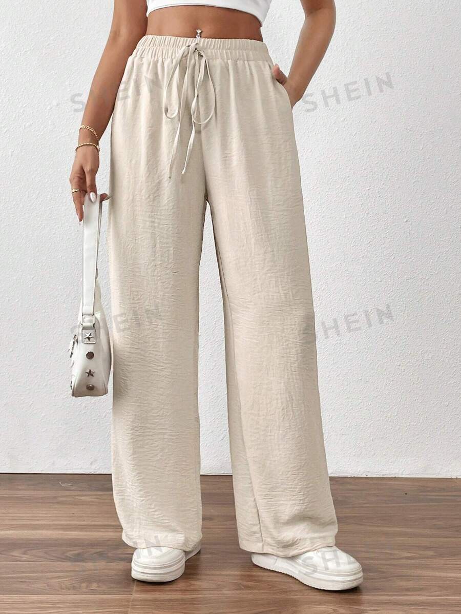 SHEIN PETITE Pantalones casuales de unicolor con bolsillos de lazo para mujer