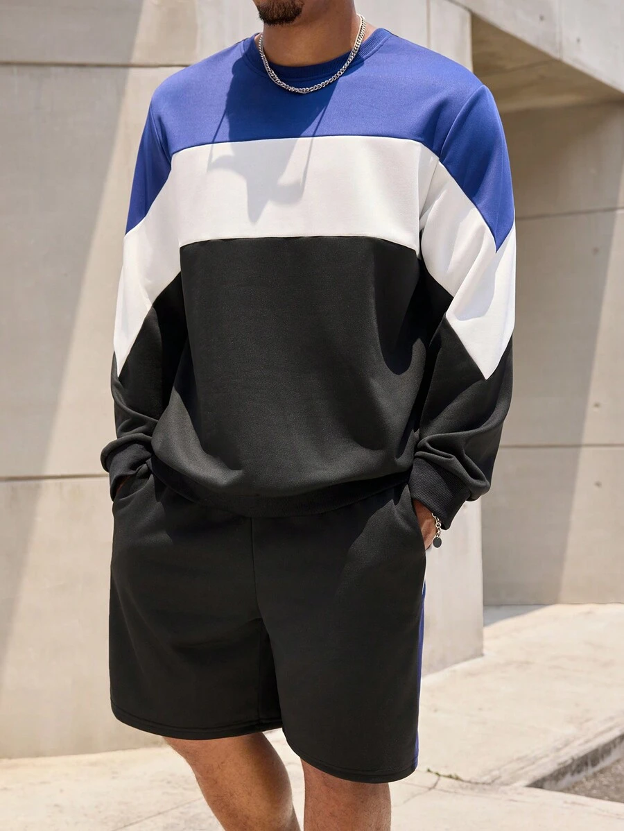 Manfinity Homme Conjunto de sudadera con capucha y pantalones cortos de contraste de bloques de color talla grande para hombres, primavera otoño