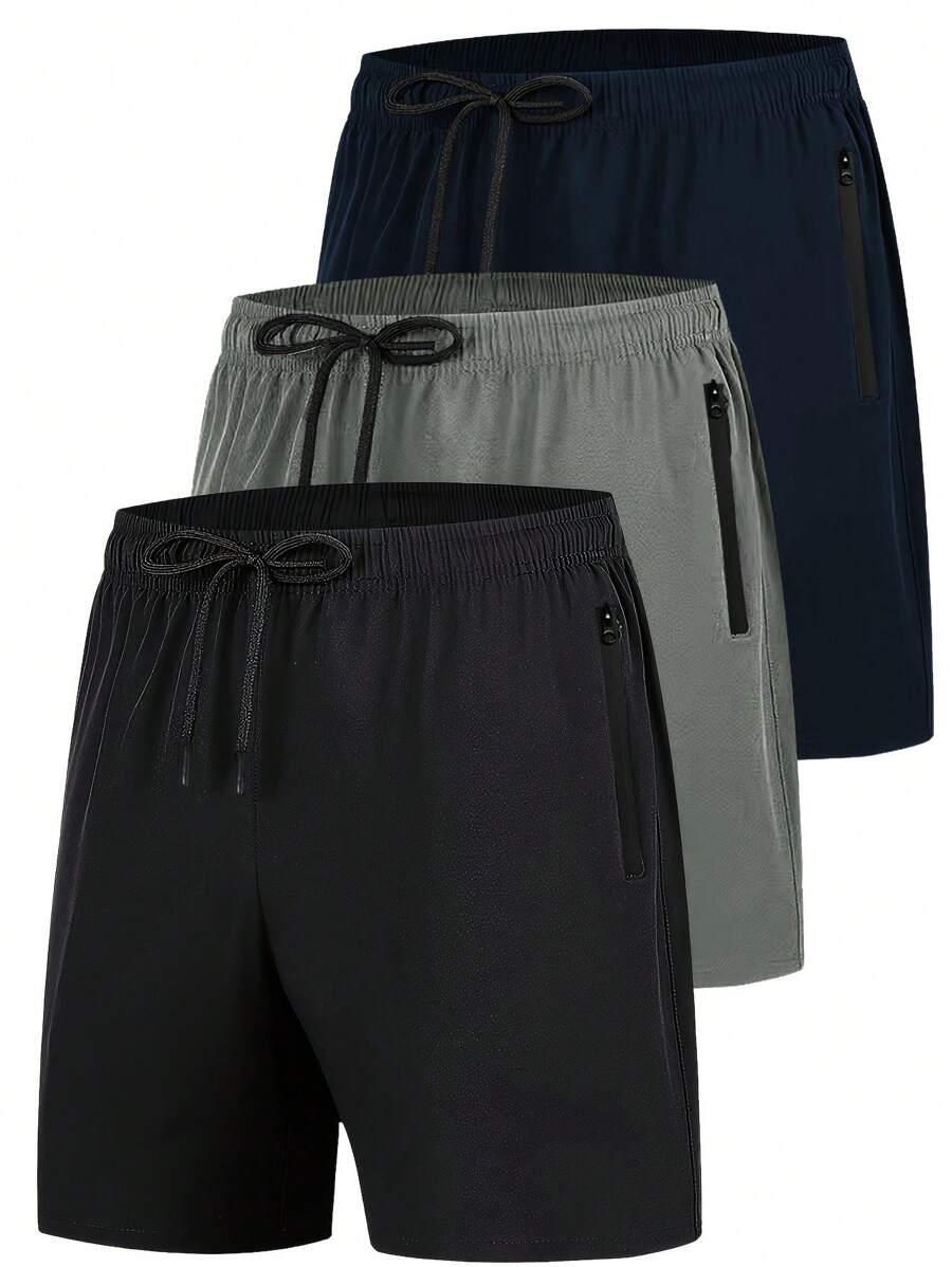 Manfinity Homme 3 Peças Conjunto de Shorts Casuais Masculinos com Cordão na Cintura, Zíper na Frente, Ajuste Descontraído, Shorts de Moletom com Cordão para Treino, Presente para Marido ou Namorado
